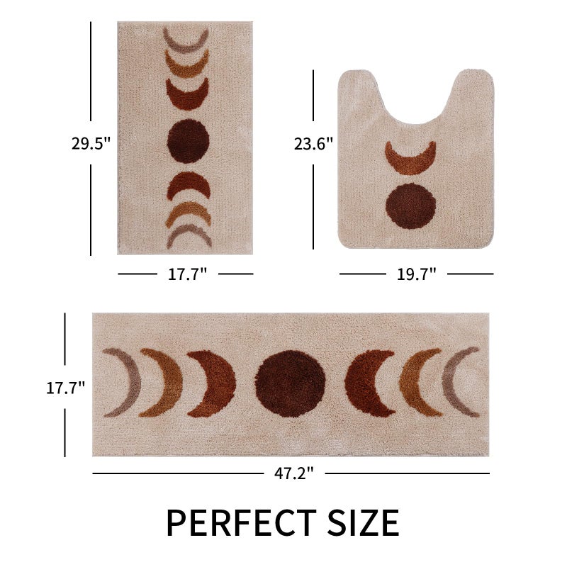 Schweek Boho Bathroom Rugs Sets 3 Piece, Non-Slip Absorbent Moon Phases Bath Mats, Microfiber Bath Rug with Toilet Mats U-Shaped Washable Boho Area Rug Carpet - Image 2