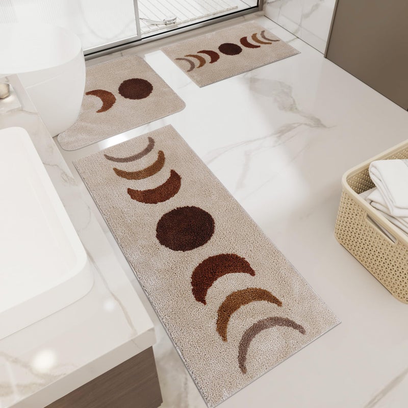 Schweek Boho Bathroom Rugs Sets 3 Piece, Non-Slip Absorbent Moon Phases Bath Mats, Microfiber Bath Rug with Toilet Mats U-Shaped Washable Boho Area Rug Carpet - Image 1