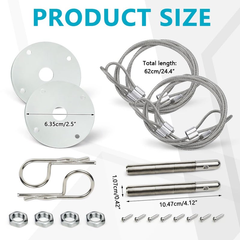 2PCS Hood Pin Kit for Car, Stainless Steel Car Hood Lock Kit with Racing Lanyard, Quick Release Car Hood Cover Latch Hood Pins to Reduce Shaking, Universal Hood Pins Lock Clip Kit (Silver) - Image 2
