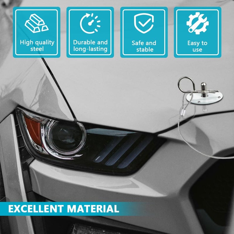 2PCS Hood Pin Kit for Car, Stainless Steel Car Hood Lock Kit with Racing Lanyard, Quick Release Car Hood Cover Latch Hood Pins to Reduce Shaking, Universal Hood Pins Lock Clip Kit (Silver) - Image 4