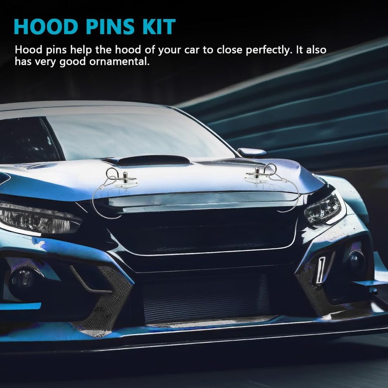 2PCS Hood Pin Kit for Car, Stainless Steel Car Hood Lock Kit with Racing Lanyard, Quick Release Car Hood Cover Latch Hood Pins to Reduce Shaking, Universal Hood Pins Lock Clip Kit (Silver) - Image 3