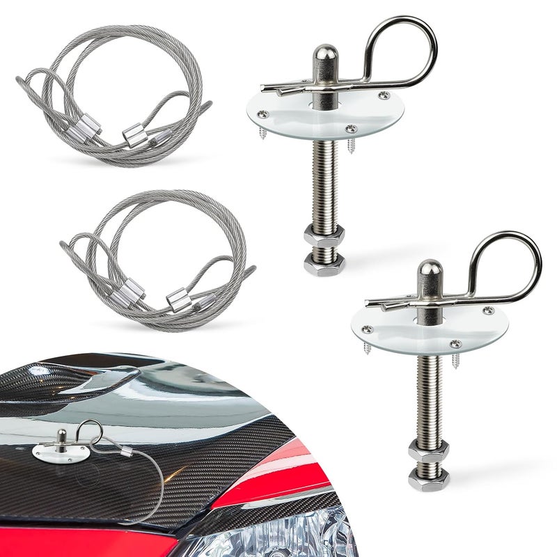 2PCS Hood Pin Kit for Car, Stainless Steel Car Hood Lock Kit with Racing Lanyard, Quick Release Car Hood Cover Latch Hood Pins to Reduce Shaking, Universal Hood Pins Lock Clip Kit (Silver) - Image 1
