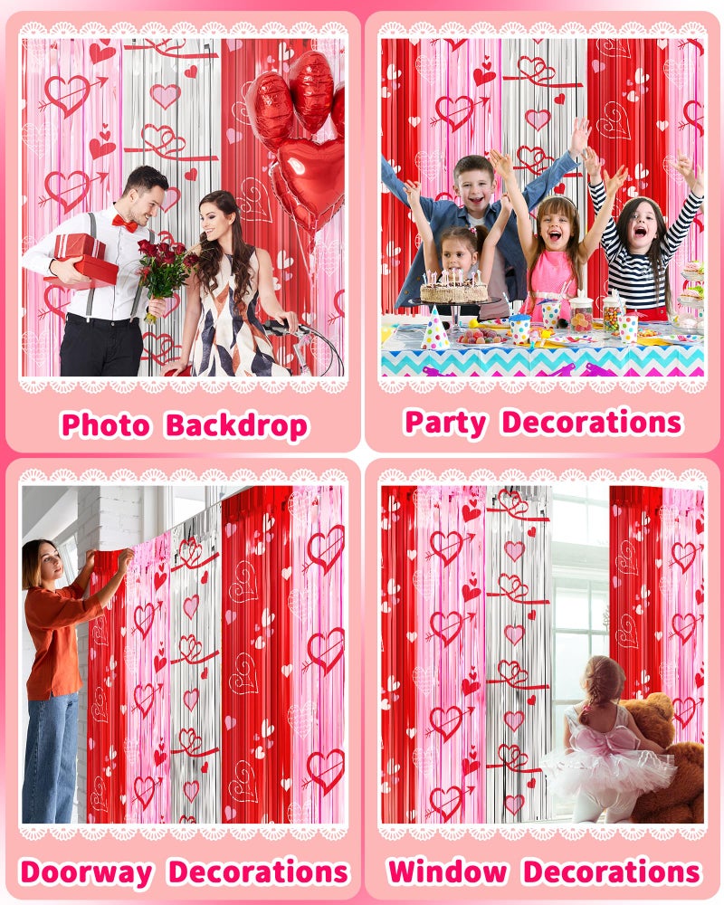 Oomloid Valentines Decorations Foil Fringe Curtains for Party, 2 Pack 3.3 x 6.6 FT Galentines Day Decorations Red Pink Silver Tinsel Streamer, Valentines Backdrop Heart Decoration for Birthday Wedding - Image 4