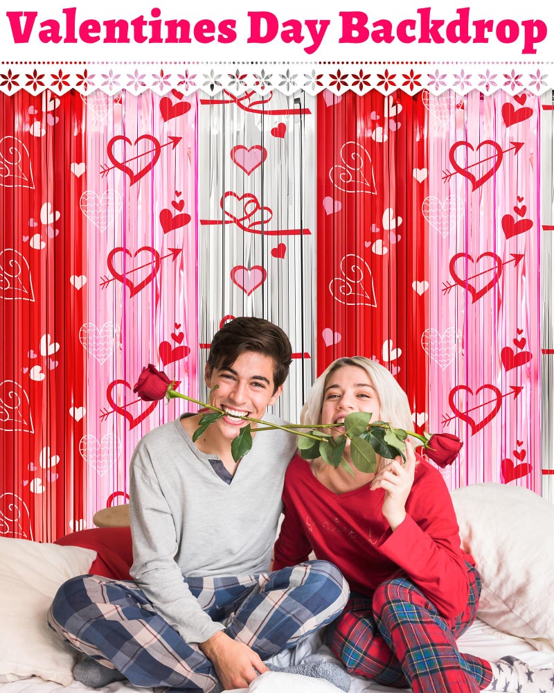 Oomloid Valentines Decorations Foil Fringe Curtains for Party, 2 Pack 3.3 x 6.6 FT Galentines Day Decorations Red Pink Silver Tinsel Streamer, Valentines Backdrop Heart Decoration for Birthday Wedding - Image 3