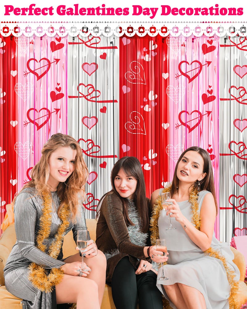 Oomloid Valentines Decorations Foil Fringe Curtains for Party, 2 Pack 3.3 x 6.6 FT Galentines Day Decorations Red Pink Silver Tinsel Streamer, Valentines Backdrop Heart Decoration for Birthday Wedding - Image 5