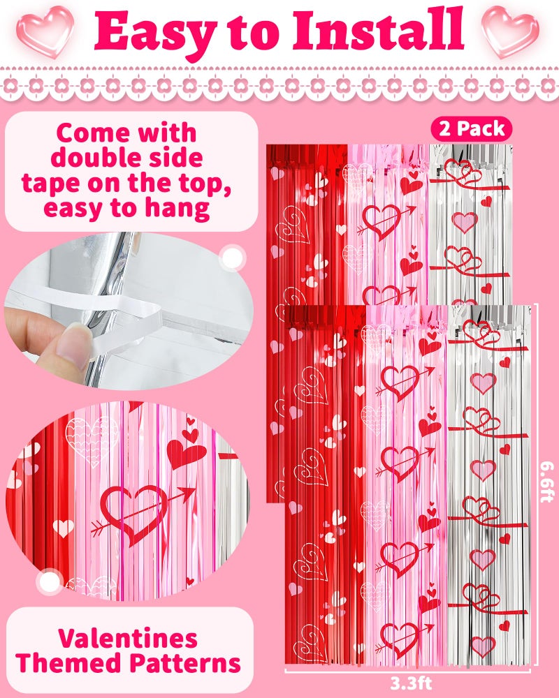 Oomloid Valentines Decorations Foil Fringe Curtains for Party, 2 Pack 3.3 x 6.6 FT Galentines Day Decorations Red Pink Silver Tinsel Streamer, Valentines Backdrop Heart Decoration for Birthday Wedding - Image 2