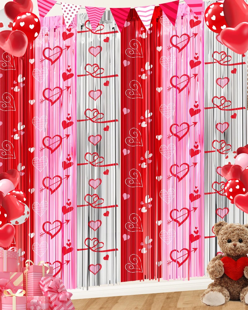 Oomloid Valentines Decorations Foil Fringe Curtains for Party, 2 Pack 3.3 x 6.6 FT Galentines Day Decorations Red Pink Silver Tinsel Streamer, Valentines Backdrop Heart Decoration for Birthday Wedding - Image 1