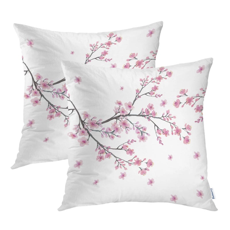 Batmerry Flower Pillow Cover 18x18 Inch Set of 2  Pink Apple Blossom Watercolor Floral White Double Sided Square Pillow Cases Pillowcase Sofa Cushion - Image 1