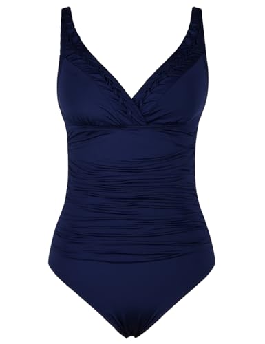 Hilor Women's One Piece Swimsuits Pin Tucked Surplice Swimwear Tummy Control Bathing Suits Monokinis Navy 8 - Image 3