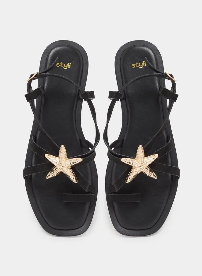 Styli  Black Starfish Embellished Flat Sandals for Women | Best Price UAE