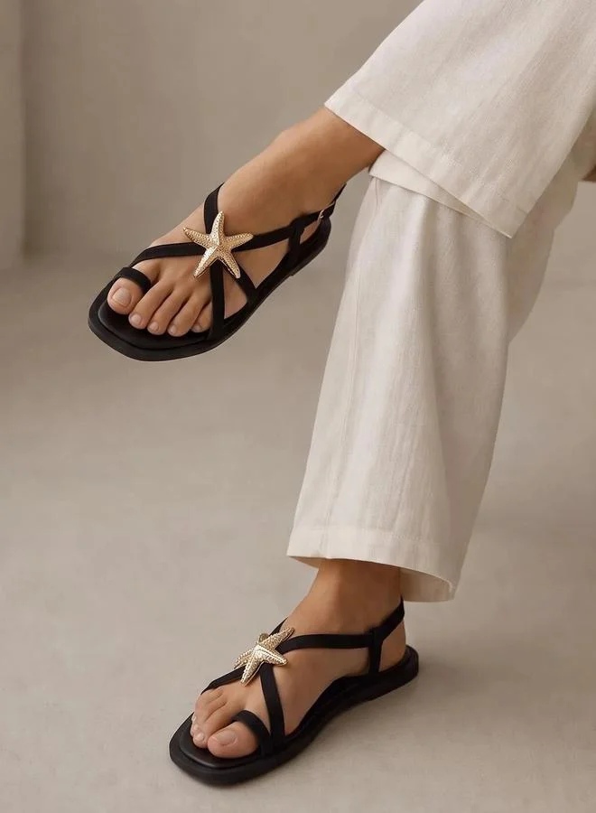Styli  Black Starfish Embellished Flat Sandals for Women | Best Price UAE