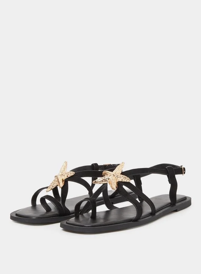 Styli Black Starfish Embellished Flat Sandals