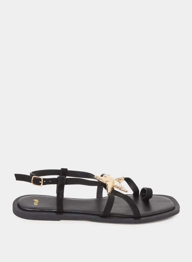 Styli Black Starfish Embellished Flat Sandals