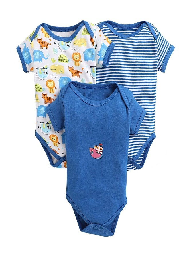 TiniBerry Cotton Baby Bodysuit Short Sleeve Half Romper Pack of 3 Soft & Comfortable for Kids (6-9 Months, Blue) - Image 1