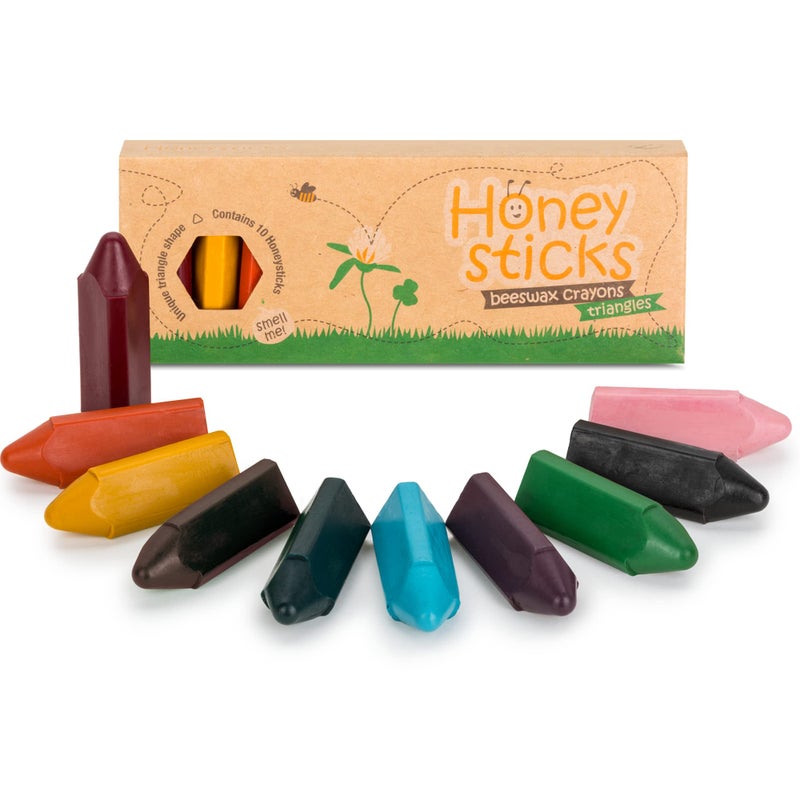 Honeysticks أقلام شمع مثلثية من هونيستيك (10 قطع) - 100% شمع عسل نقي، ألوان صالحة للأكل، أقلام شمع غير سامة للأطفال، للأطفال من عمر 1-3، 2-4، شكل مثلث لتطوير قبضة القلم. - Image 1