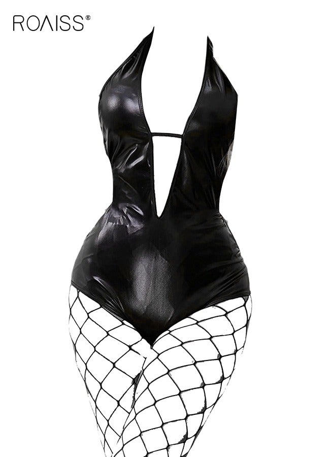 roaiss V Neck Halter One Piece Lingerie for Women Ladies Slim Fit Sleeveless Skin Friendly Underwear Suit with Black Long Fishnet Stockings  - Image 1