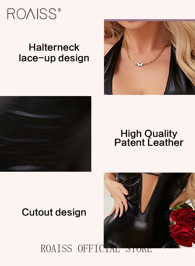 roaiss V Neck Halter One Piece Lingerie for Women Ladies Slim Fit Sleeveless Skin Friendly Underwear Suit with Black Long Fishnet Stockings  - Image 3