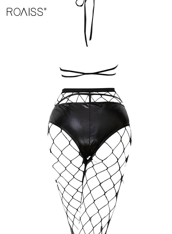 roaiss V Neck Halter One Piece Lingerie for Women Ladies Slim Fit Sleeveless Skin Friendly Underwear Suit with Black Long Fishnet Stockings  - Image 2