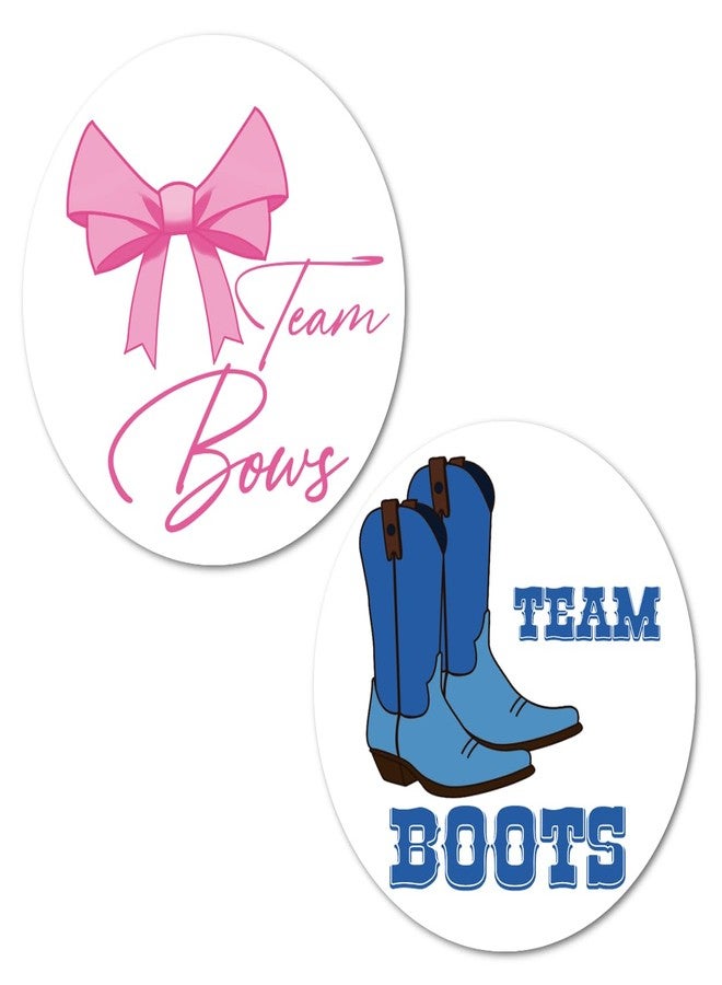 RokAPary 40 Team Bows Team Boots Gender Reveal Stickers, 2 Inch Big Round Glossy Labels, Pink and Blue Decals, Great for Baby Shower Party Favors, Boy or Girl Tags, DYI Games and Supplies. Made in USA - Image 1