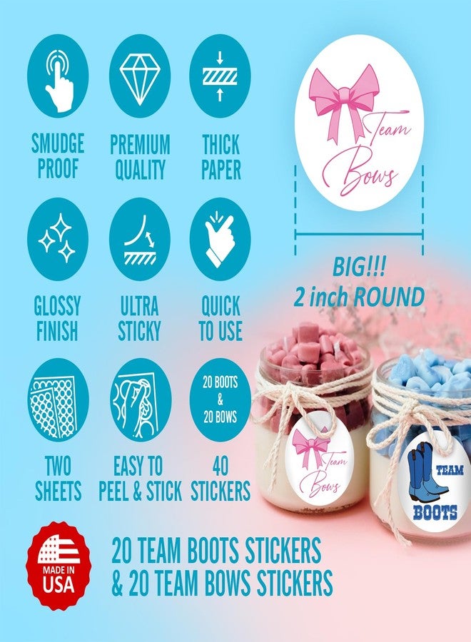 RokAPary 40 Team Bows Team Boots Gender Reveal Stickers, 2 Inch Big Round Glossy Labels, Pink and Blue Decals, Great for Baby Shower Party Favors, Boy or Girl Tags, DYI Games and Supplies. Made in USA - Image 3