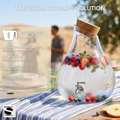 Style Setter Beverage Dispenser Cold Drink Dispenser Glass Jug, Metal Stand & Leak-Proof Acrylic Spigot Great for Parties, Weddings & More (2.5 Gallon, Glass with Cork Lid) - Image 3