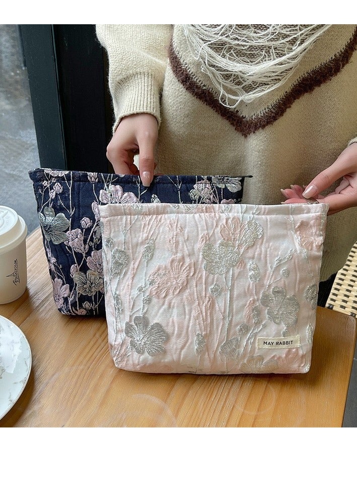 MAY RABBIT Portable lightweight Canvas Makeup Bag pouch Toiletry Travel Organizer with Vintage Embroidered Cute Sweet Pattern pink  - Image 4