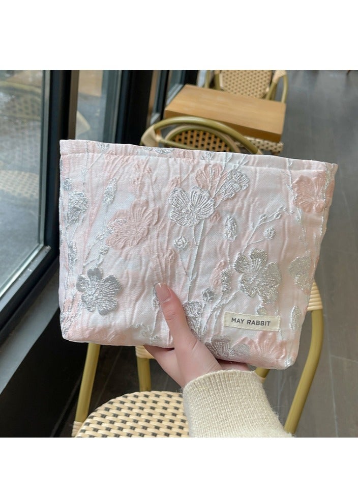 MAY RABBIT Portable lightweight Canvas Makeup Bag pouch Toiletry Travel Organizer with Vintage Embroidered Cute Sweet Pattern pink  - Image 1