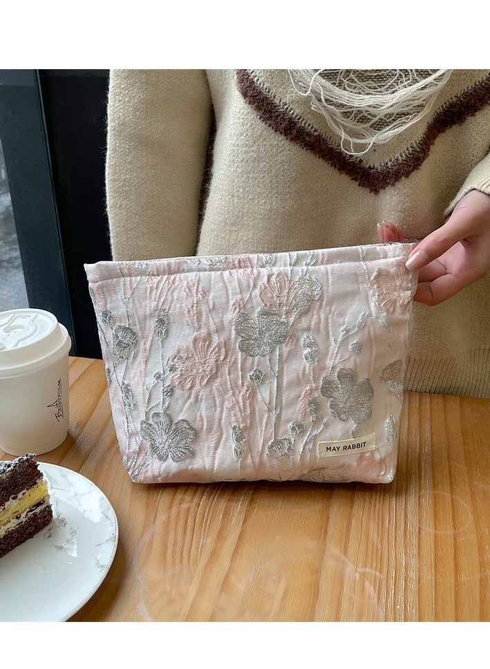 MAY RABBIT Portable lightweight Canvas Makeup Bag pouch Toiletry Travel Organizer with Vintage Embroidered Cute Sweet Pattern pink  - Image 3