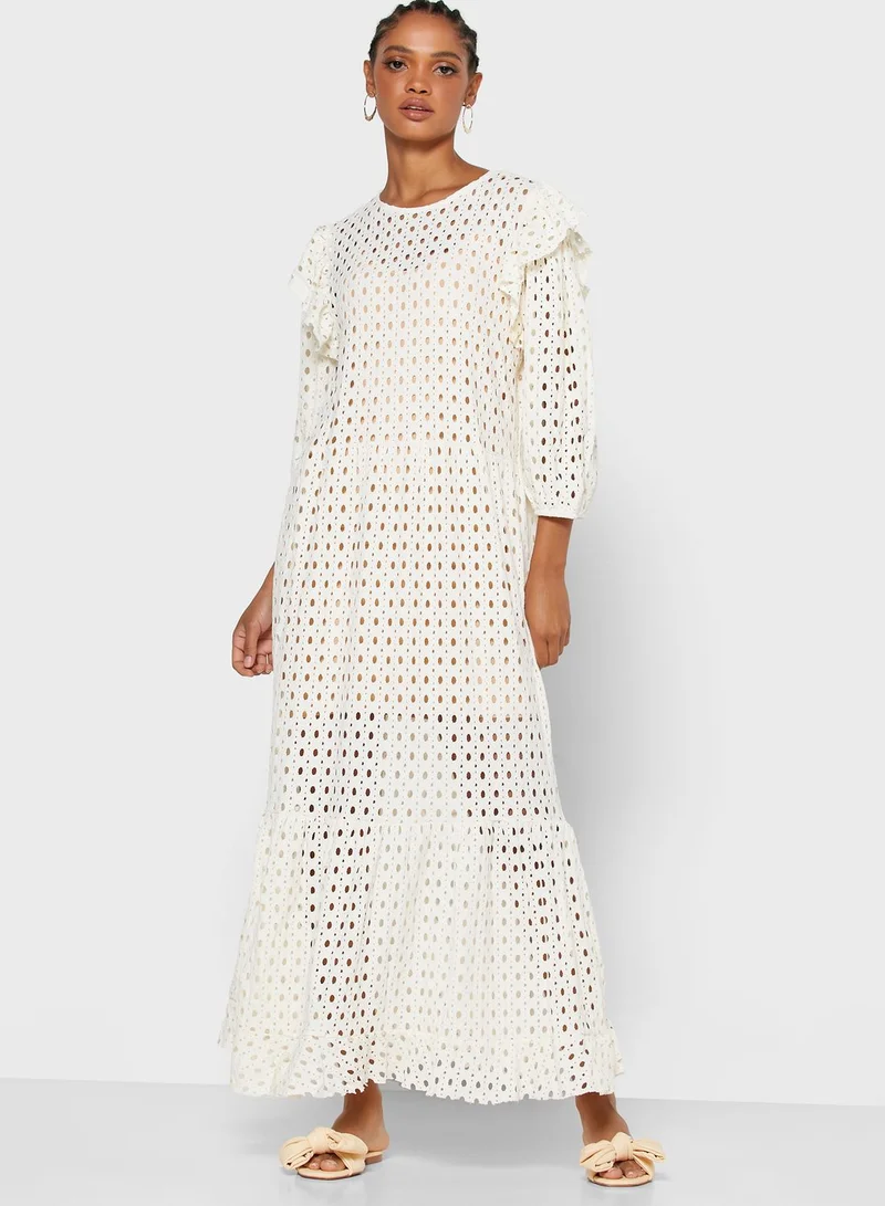 MANGO Laser Cut Puff Sleeve Dress