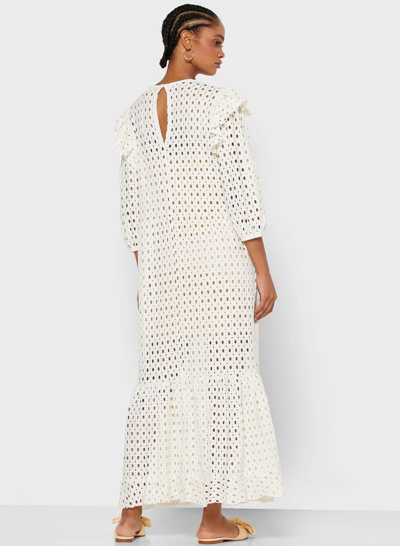 MANGO Laser Cut Puff Sleeve Dress