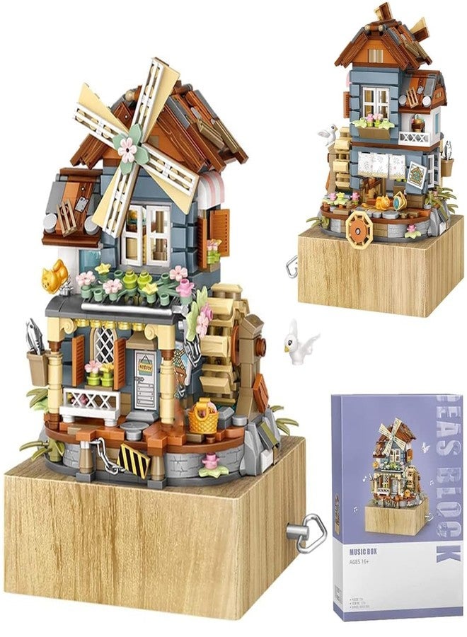 FULHOLPE Street View Windmill Music Box Bricks Model Set, 799Pcs DIY Building Block Assembly Mini Particle Construction Toy - Image 1