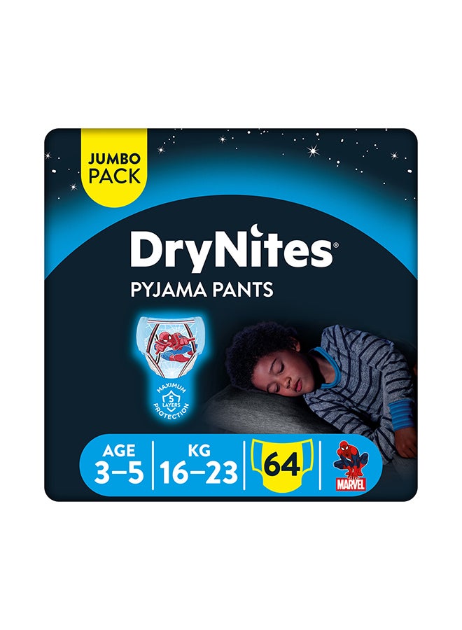 HUGGIES Dry Nites Pyjama Pants, 16 - 23 Kg, 3 - 4 Years, 64 Count (16 x 4) - Boys, Jumbo Pack, Maximum 5 Layer Protection, Marvel - Image 1