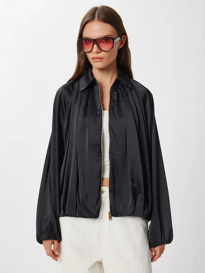 Lovely Istanbul ISTANBUL Satin Weave Bomber Jacket with Zipper Closure