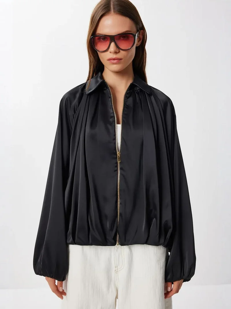 Lovely Istanbul ISTANBUL Satin Weave Bomber Jacket with Zipper Closure