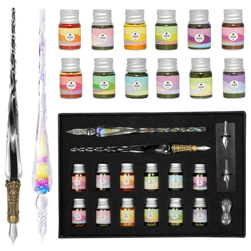 ESSSHOP Glass Dip Ink Pen Calligraphy Set 17 Pcs Kit with Rainbow Crystal Retro Carving Glass Pen 2 Replacement Nibs 12 Inks for Signatures Gift Cards Writing Calligraphy Beginners