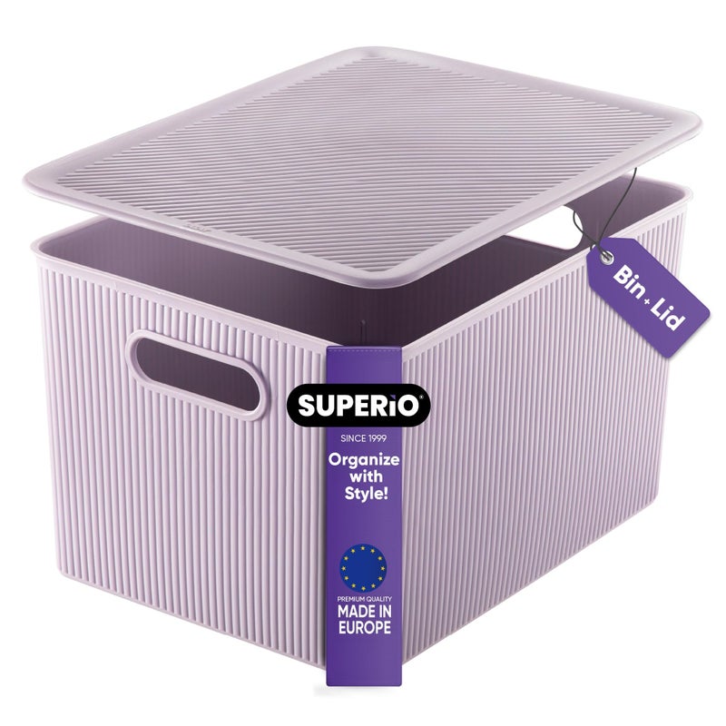 Superio Ribbed Collection  Decorative Plastic Lidded Home Storage Bins Organizer Baskets XLarge Lilac Purple 1 Pack  22 Liter Stackable Container Box for Organizing Closet Shelves Drawer Shelf