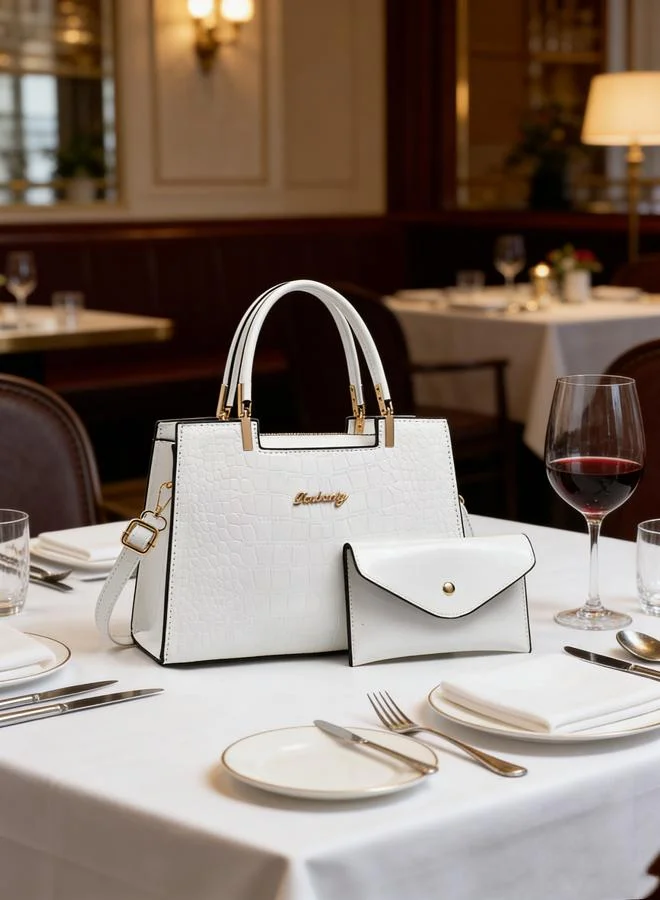 تايك تو White Croc-Embossed Handbag with Purse