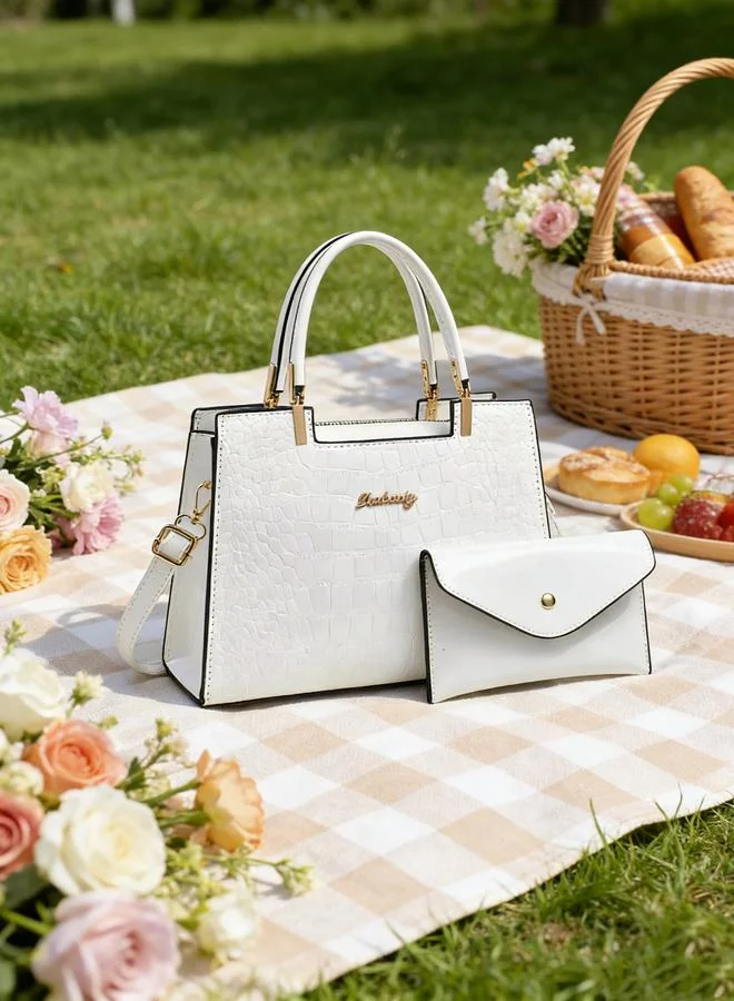 تايك تو White Croc-Embossed Handbag with Purse