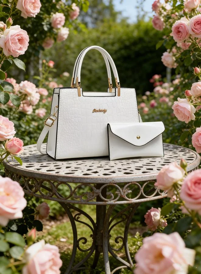 Take Two  White Croc-Embossed Handbag with Purse for Women | Best Price UAE