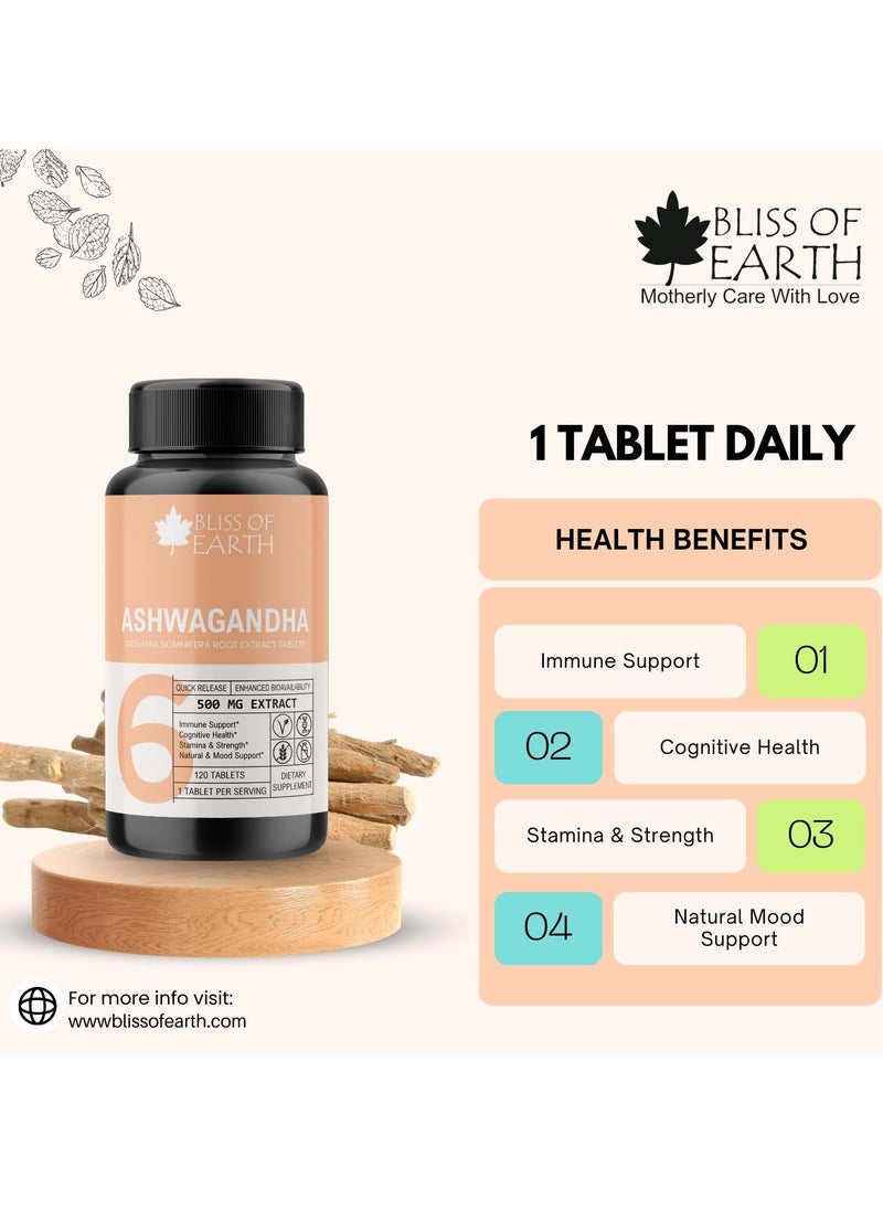 BLISS OF EARTH Ashwagandha Tablets, Premium Extract Ashwagandha Pills Supplement for Stress Relief Memory Focus, 500mg, 120 Tablets  - Image 5
