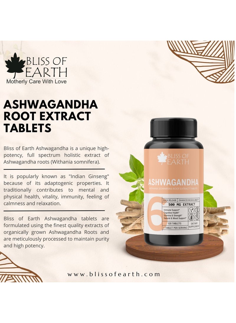 BLISS OF EARTH Ashwagandha Tablets, Premium Extract Ashwagandha Pills Supplement for Stress Relief Memory Focus, 500mg, 120 Tablets  - Image 4