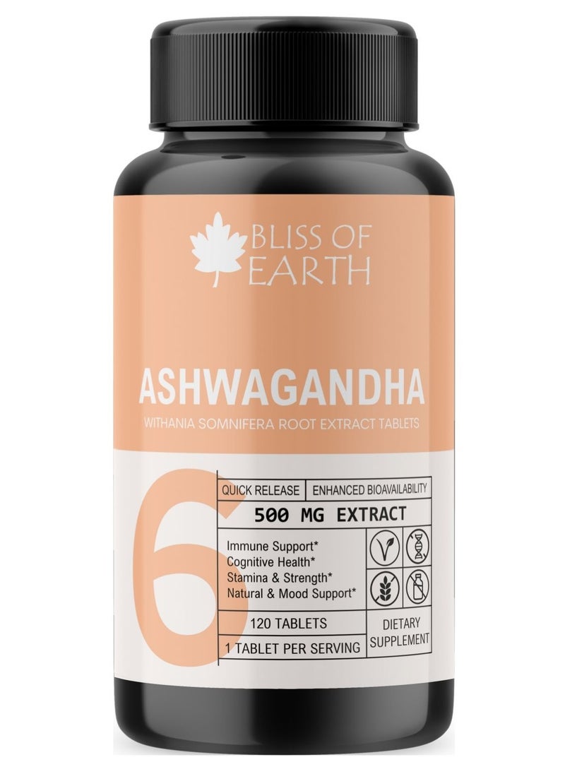 BLISS OF EARTH Ashwagandha Tablets, Premium Extract Ashwagandha Pills Supplement for Stress Relief Memory Focus, 500mg, 120 Tablets  - Image 1