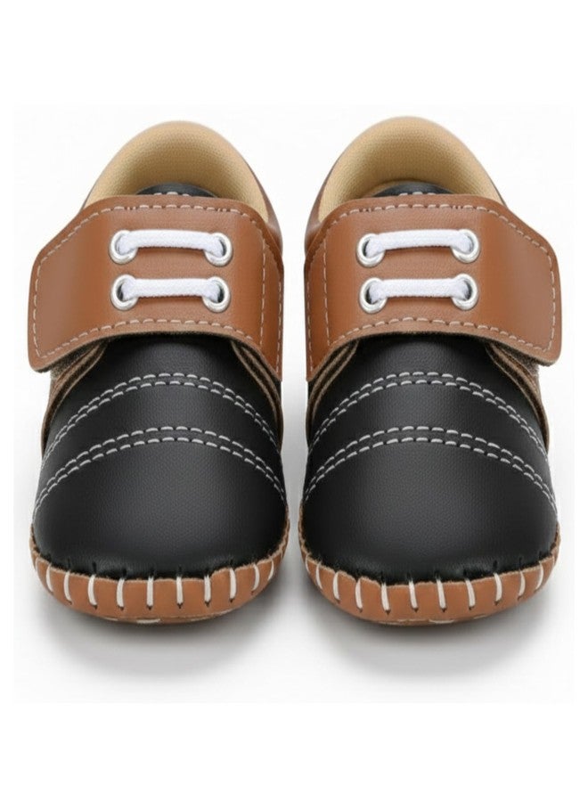 PureSole Party Shoes for Baby Boys (6-12 Months) | Lightweight & Flexible Shoes with Velcro Closure | Soft, Comfortable and Breathable Cotton Material | Premium Look Perfect for Parties, Weddings, Birthdays, Photoshoots, Special Occasions (Black/Tan) - Image 5
