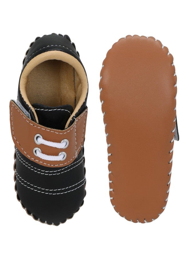PureSole Party Shoes for Baby Boys (6-12 Months) | Lightweight & Flexible Shoes with Velcro Closure | Soft, Comfortable and Breathable Cotton Material | Premium Look Perfect for Parties, Weddings, Birthdays, Photoshoots, Special Occasions (Black/Tan) - Image 2