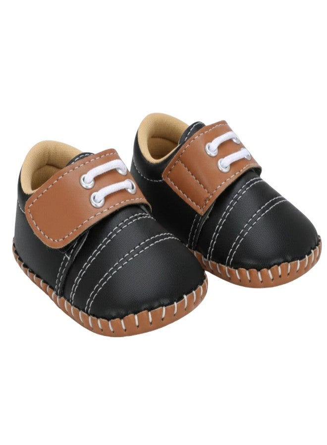 PureSole Party Shoes for Baby Boys (6-12 Months) | Lightweight & Flexible Shoes with Velcro Closure | Soft, Comfortable and Breathable Cotton Material | Premium Look Perfect for Parties, Weddings, Birthdays, Photoshoots, Special Occasions (Black/Tan) - Image 1