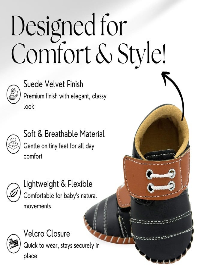 PureSole Party Shoes for Baby Boys (6-12 Months) | Lightweight & Flexible Shoes with Velcro Closure | Soft, Comfortable and Breathable Cotton Material | Premium Look Perfect for Parties, Weddings, Birthdays, Photoshoots, Special Occasions (Black/Tan) - Image 3