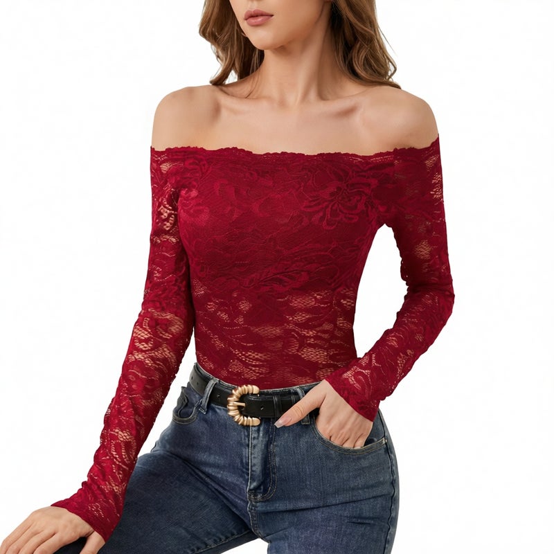 Elegant Fan Neckline Off-Shoulder Lace Slim Fit Long Sleeve T-Shirt - Image 1