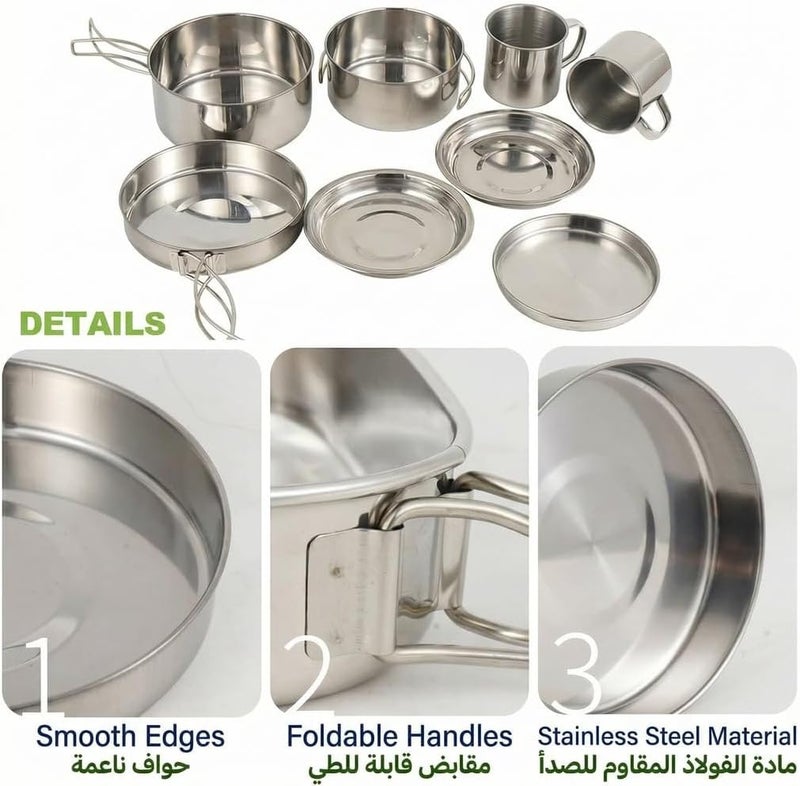 NEELABIL Camping Cookware Mess Kit 8PCS Stainless Steel Cooking Pot and Pan Set with Plates Cups for Outdoor Camping Hiking Backpacking,Camping cooking set - Image 2