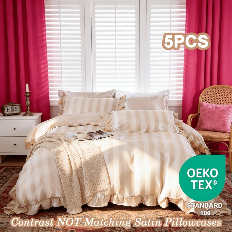 5pcs Striped Pattern Bedding, Includes 1 Duvet Cover + 4 Pillowcases (No Inserts), Ruffled Washed Fiber Duvet Cover and Pillowcases, Essential for Exquisite Home Decor, Mother's Day Birthday Gift Set - Image 1