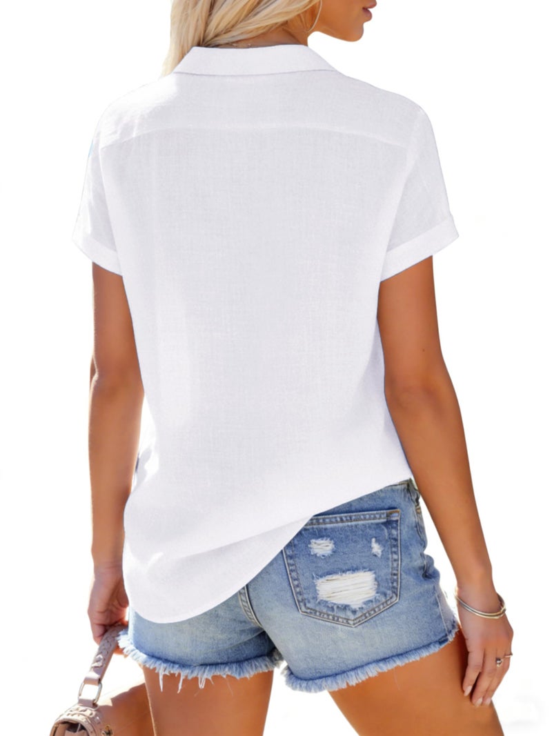 Aoudery Linen Shirts for Women Short Sleeve Button Down Shirts Casual Solid Blouse Vacation Beach Summer Tops Concert Outfit - White M - Image 2